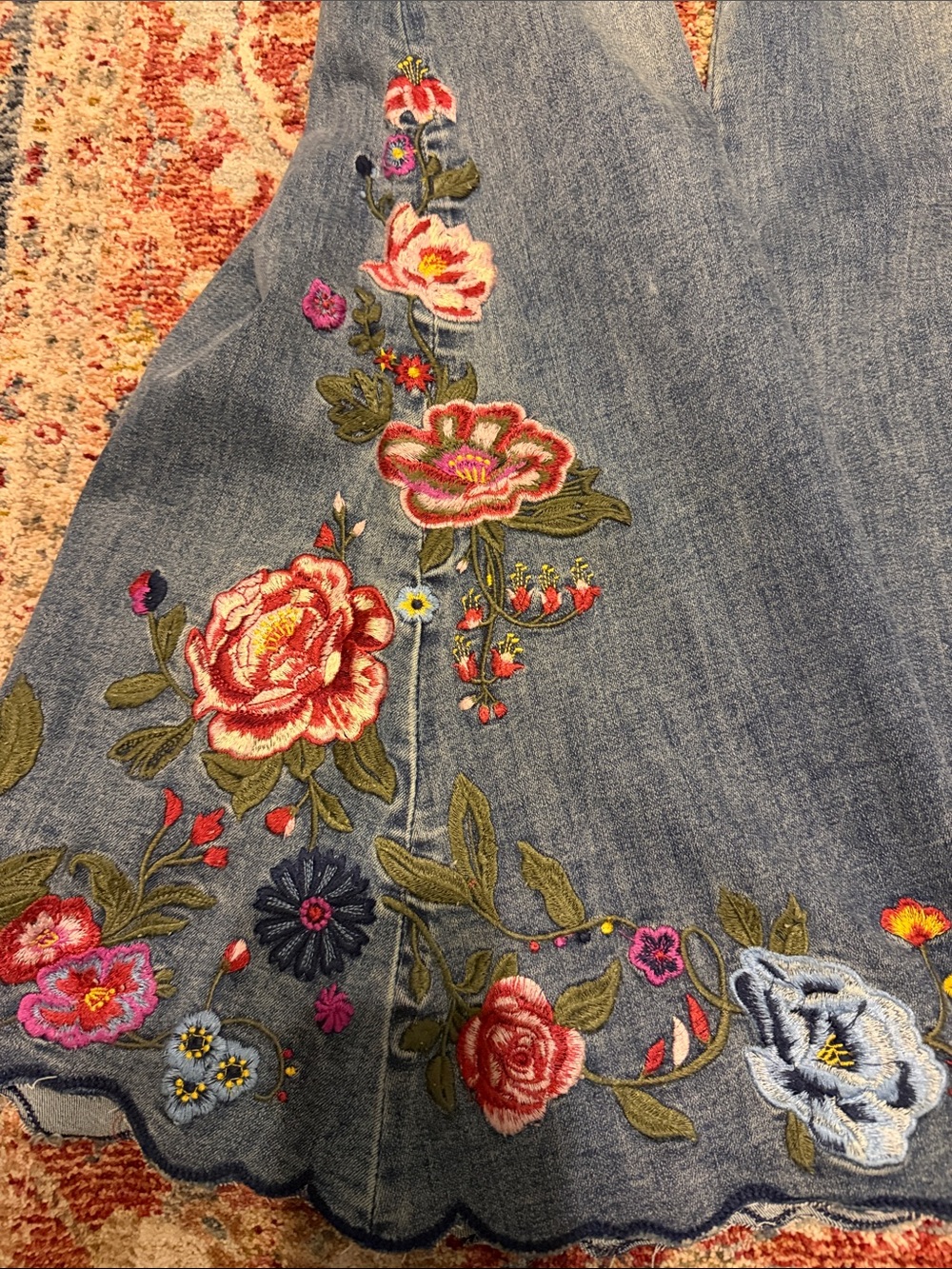 Blue Embroidered Flare Jeans with Floral Hem - Picture 2 of 4
